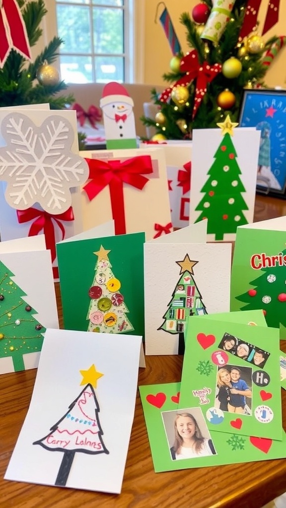 A collection of simple handmade Christmas cards with festive designs on a decorated table.